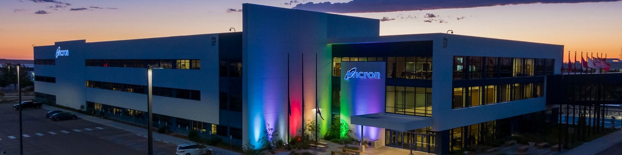 micron boise facility lit up with rainbow colors