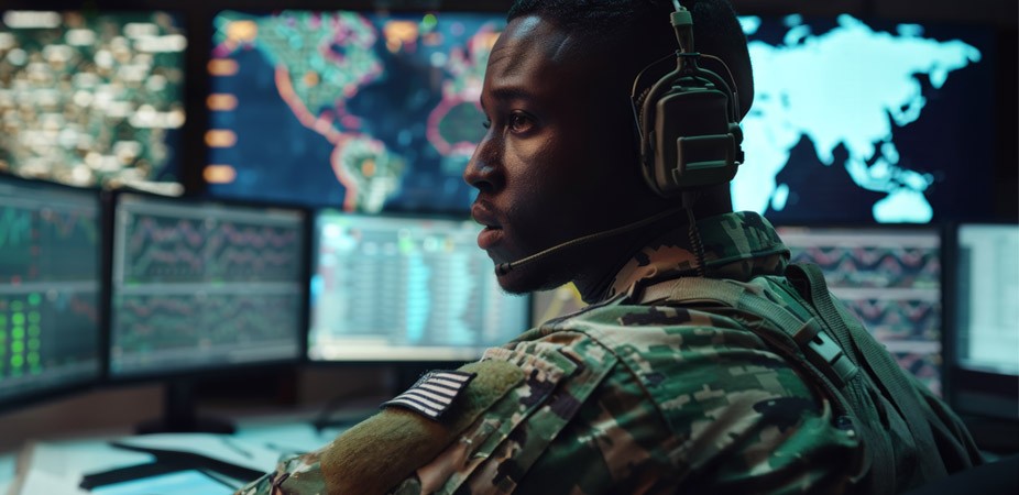 Veteran analyzes data on multiple screens