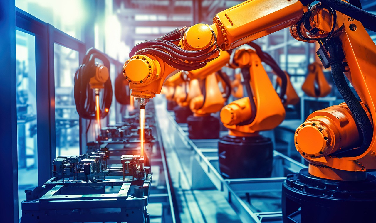 Industrial robot arm on a product line