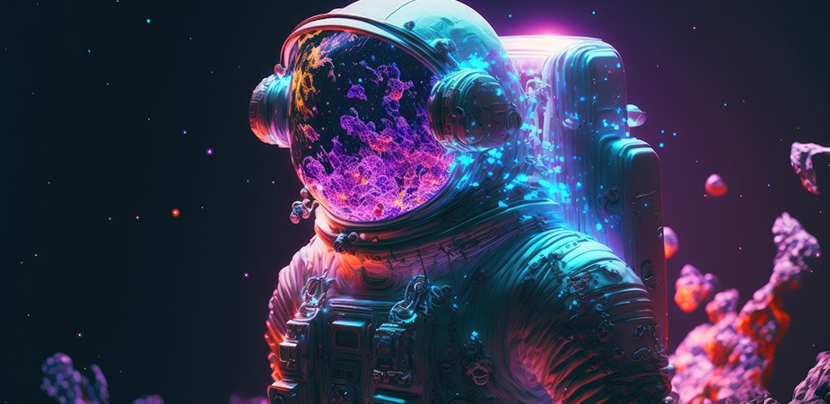 Astronaut floating in space with colorful objects reflecting from their mask.