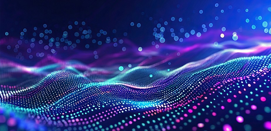 Digital waves of purple and teal light on a blue background
