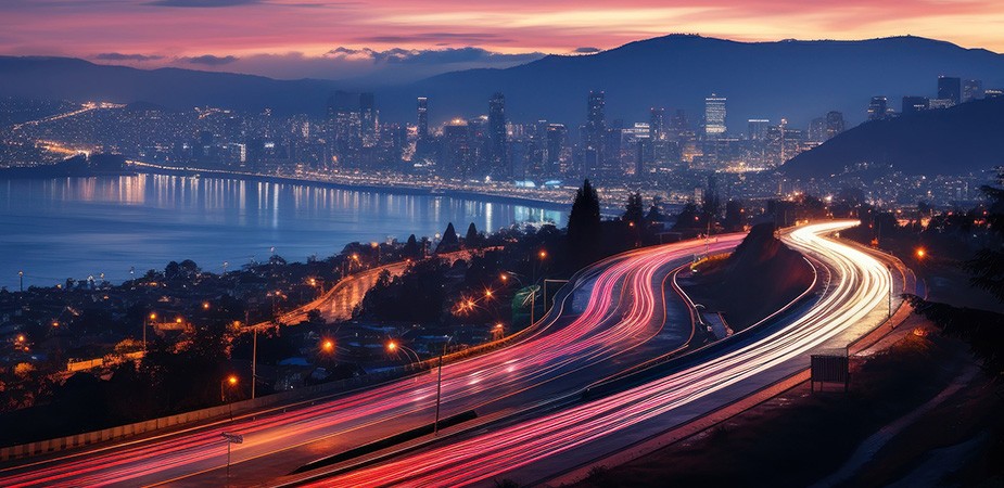 stream of lights on freeway at sunset with bay and skyscrapers in background