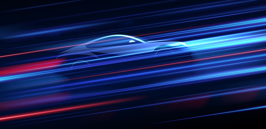 Sleek car amid streams of light. 