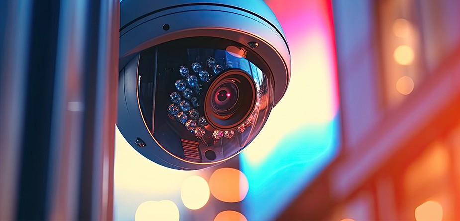 Close-up view of a wall-mounted, glossy, multifocal surveillance camera