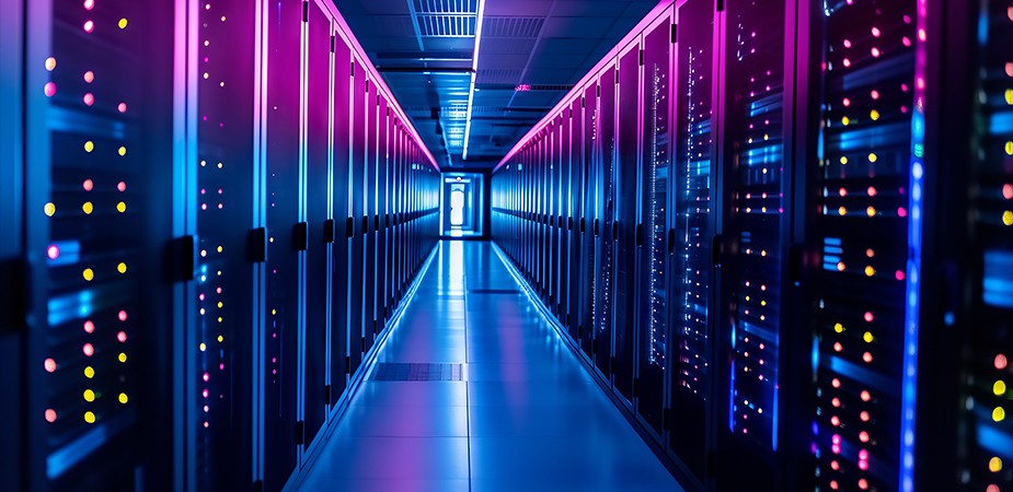 Data center room in abstract lights