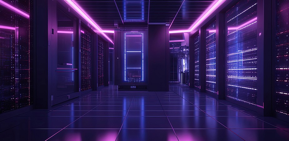 Dark data center with purple, pink and blue accent lighting
